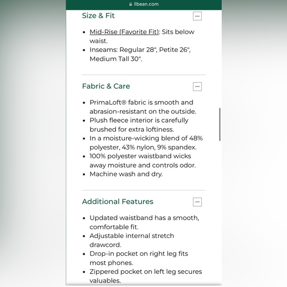 LL Bean PrimaLoft ThermaStretch Fleece Pocket Tights, Mid-Rise TALL - Picture 10 of 10